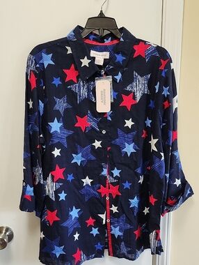 Allison Daley Navy Shirt with Blue and Red Stars. 3/4 Sleeves.